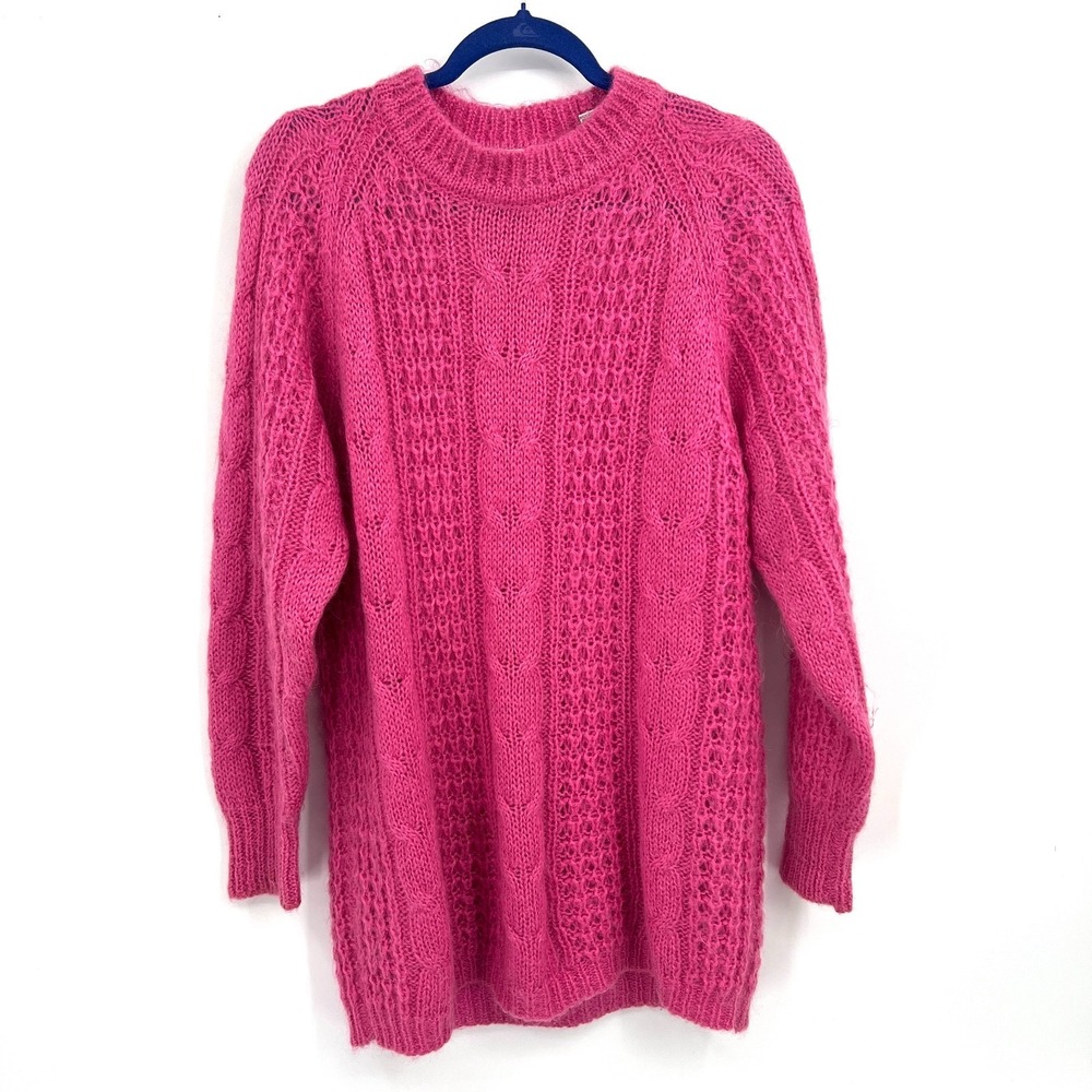 Vintage 80s Karen Scott Mohair cable knit sweater long line bubble gum pink M